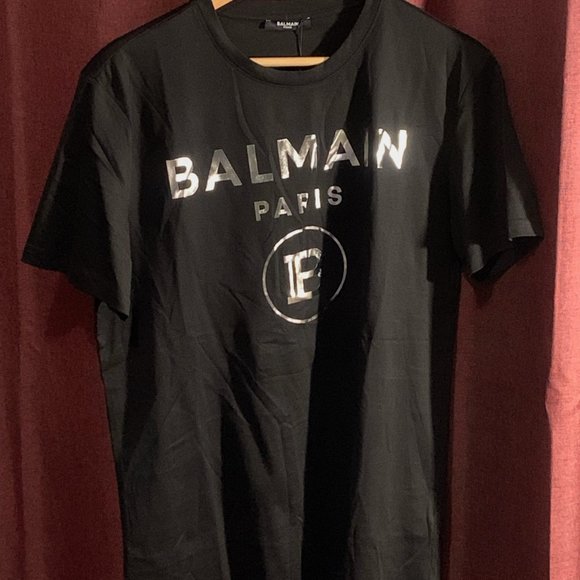 Balmain Paris T Shirt - Silver Print on Black - Picture 11 of 12